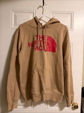 The North Face Men's Tan Hoodie with Red Logo Graphic